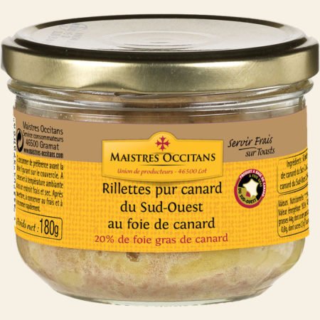 Rillettes pur canard du Sud-Ouest au foie gras (20% de foie gras de canard) 180g